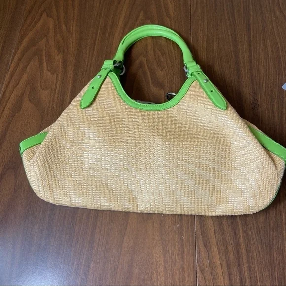 Cole Haan Straw Hobo Tote Kiwi Green Leather Summer Coastal Beach Bag - Picture 10 of 12